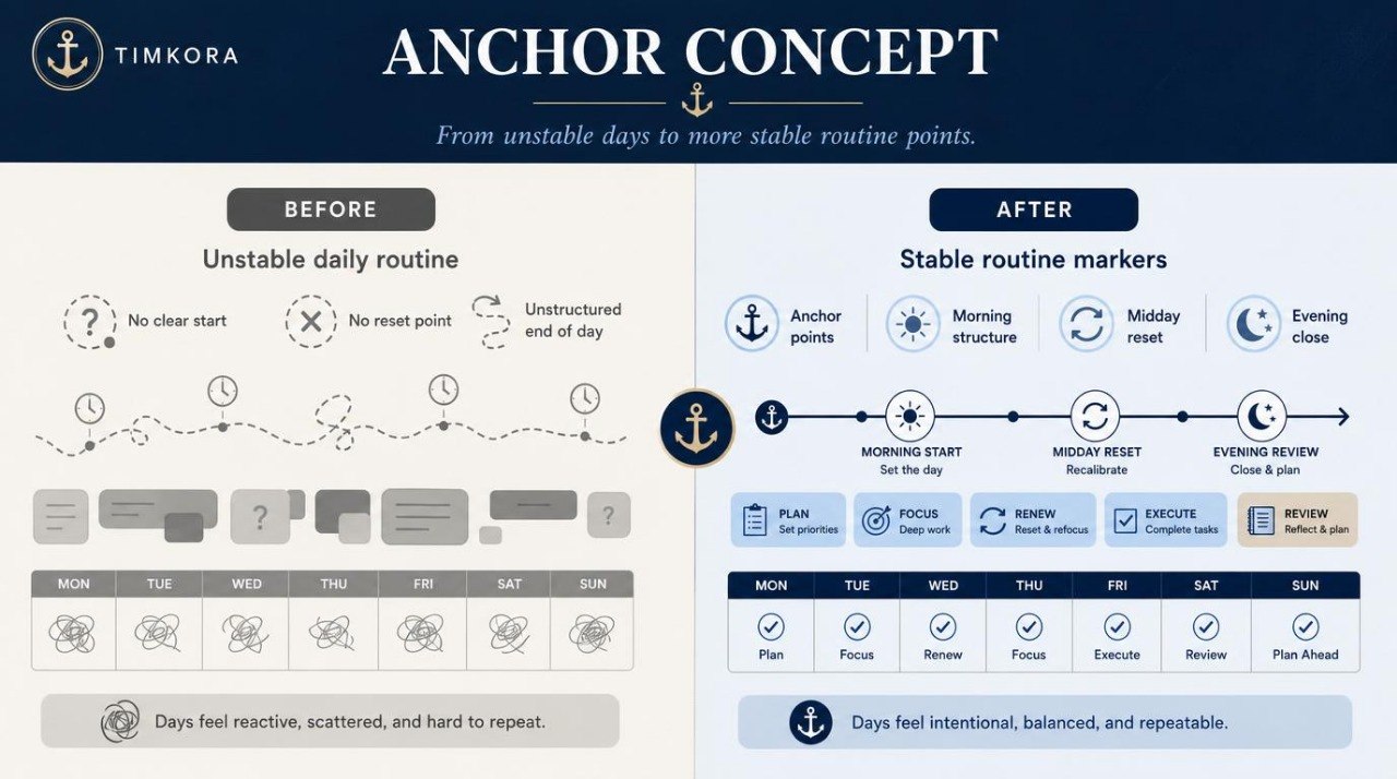 Anchor Concept diagram comparing an unstable daily routine to a stable one, with Timkora branding.