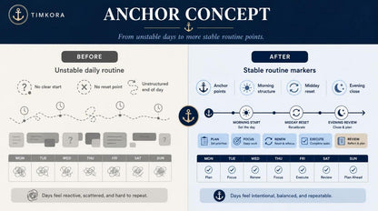 Anchor Concept diagram comparing an unstable daily routine to a stable one, with Timkora branding.