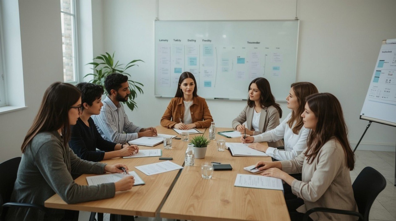 Group of people in a meeting room with a whiteboard and plants.