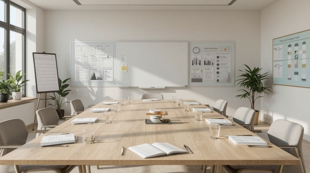 Modern conference room with long wooden table, chairs, and whiteboards on the wall.