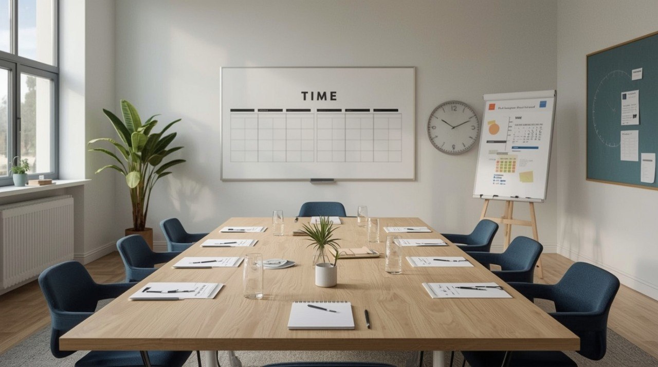 Modern conference room with a large wooden table, chairs, and motivational posters on the wall.
