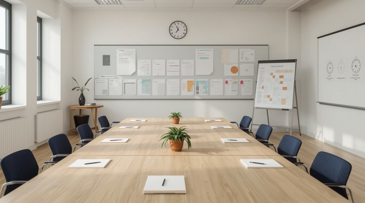 Modern conference room with a long wooden table, chairs, and whiteboards.