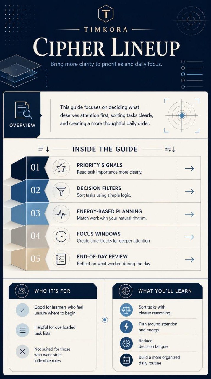 Timkora Cipher Lineup guide with sections on priority signals, decision filters, energy-based planning, focus windows, and end-of-day review.