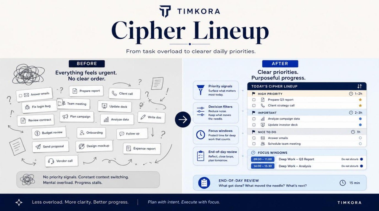TIMKORA Cipher Lineup software interface showing task management before and after improvement.