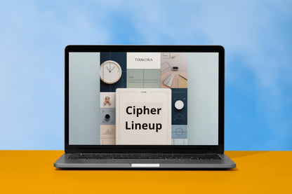 Laptop displaying a 'Cipher Lineup' on a blue and orange gradient background