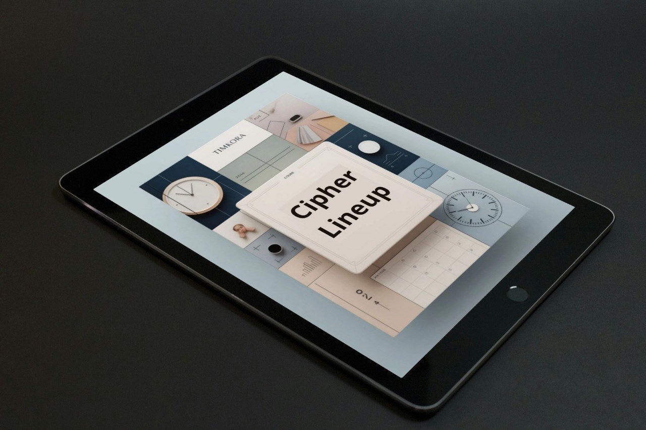 Tablet displaying a design app interface with 'Cipher Lineup' on a dark background