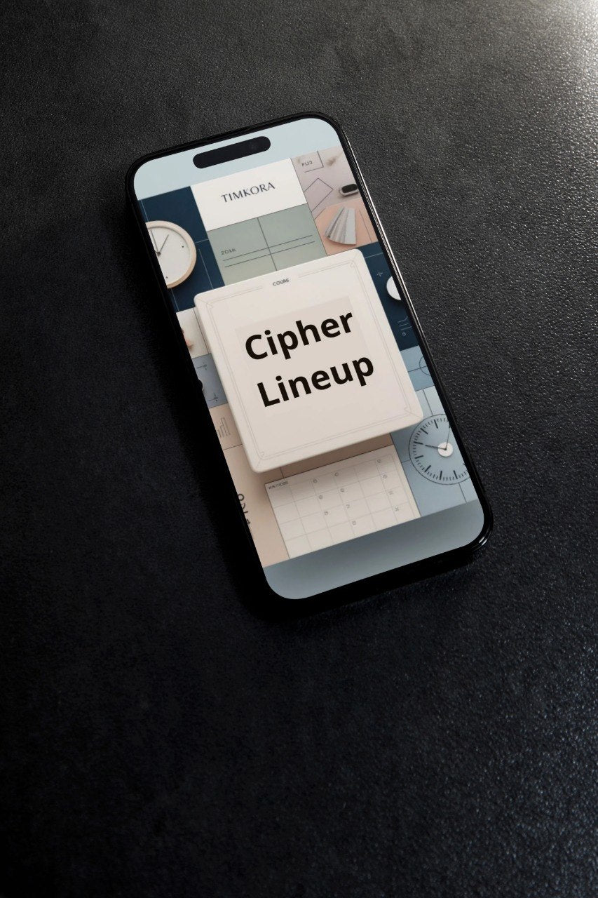 Phone displaying a 'Cipher Lineup' on a dark surface