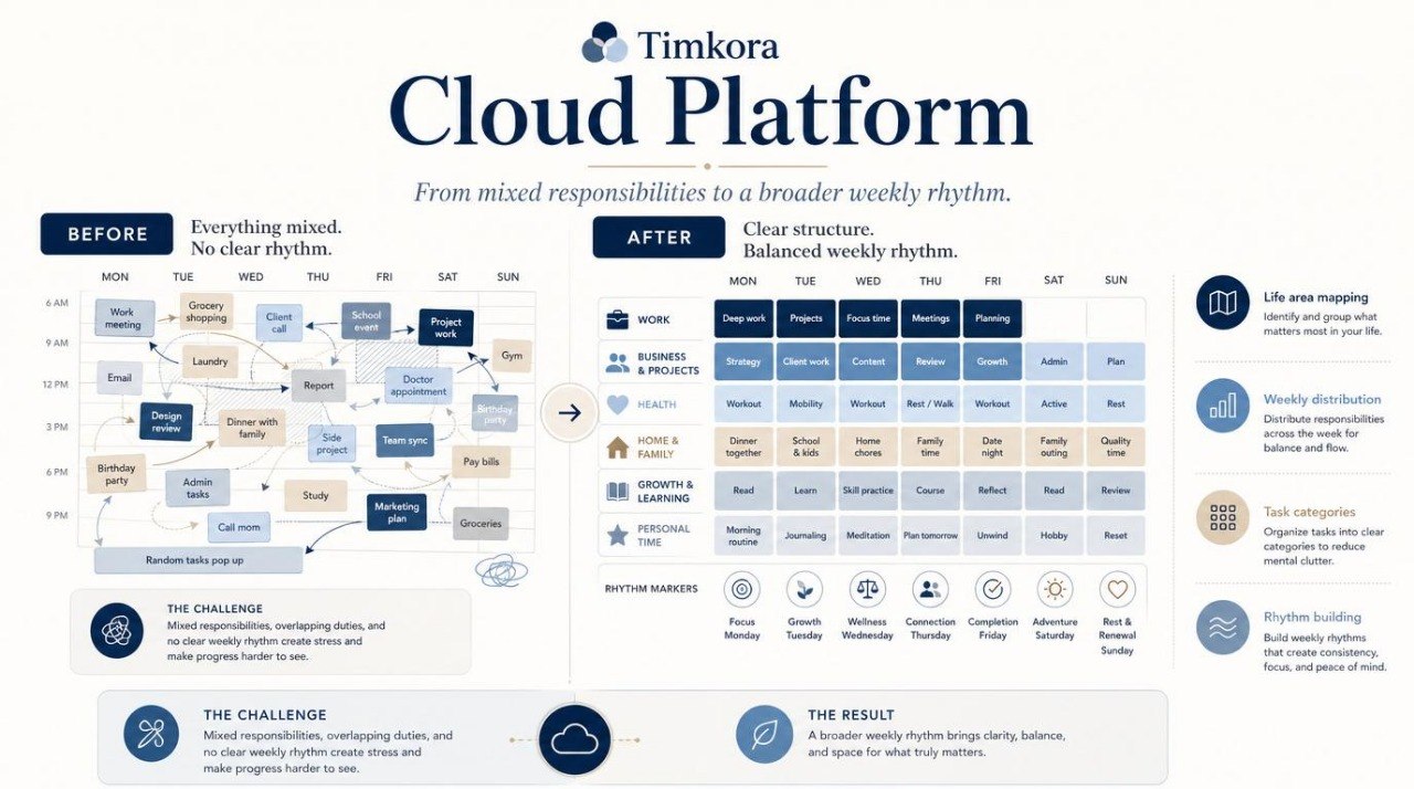 Timkora Cloud Platform diagram showing before and after improvements in workflow organization.