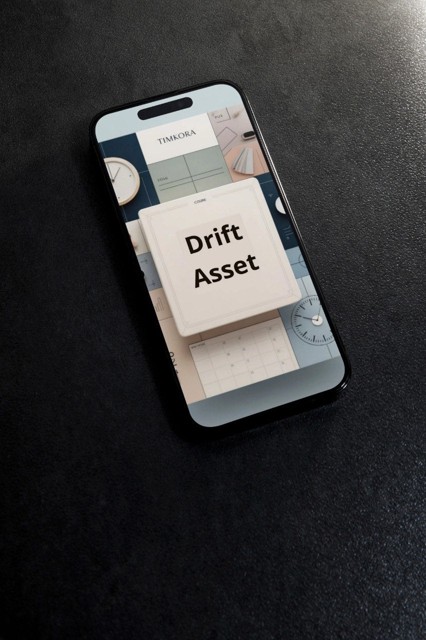 Phone screen displaying a design with 'Drift Asset' text on a dark surface