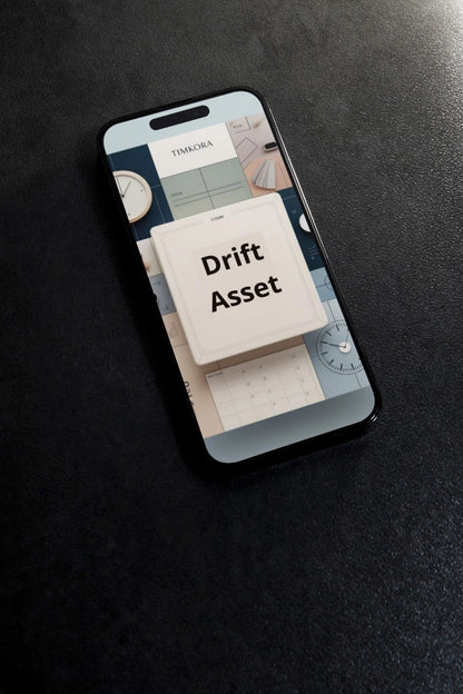 Phone screen displaying a design with 'Drift Asset' text on a dark surface