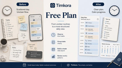 Comparison of Timkora app interface before and after using their free plan, showing a structured daily view.