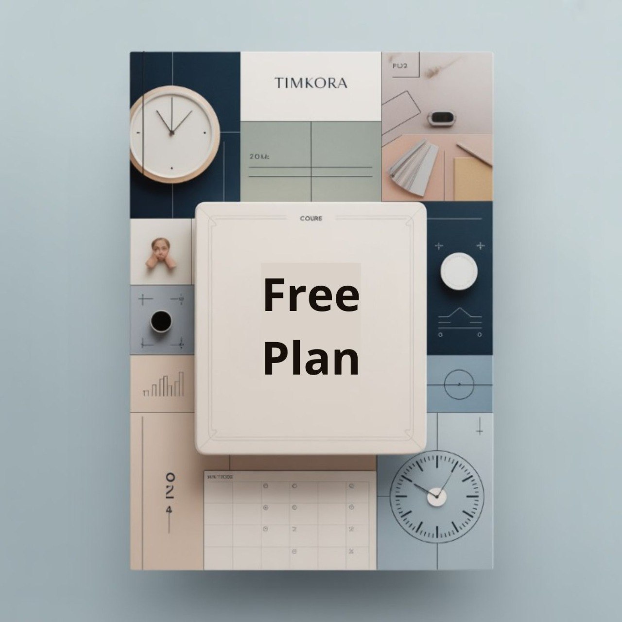 Product packaging with 'TIMKORA' branding and 'Free Plan' text on a light blue background