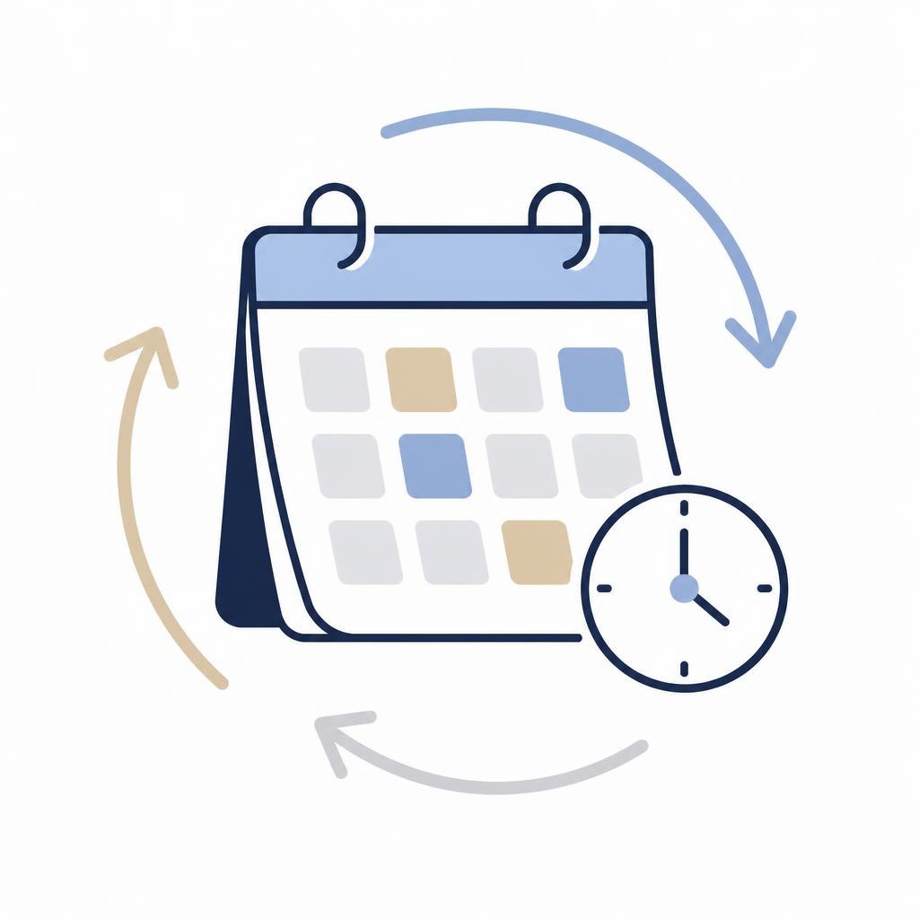 Calendar with color swatches and a clock, symbolizing scheduling and time management.