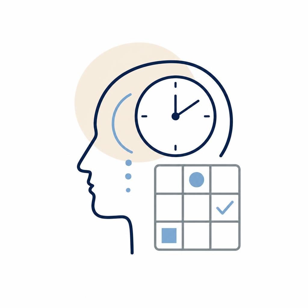 Illustration of a head with a clock and checklist, symbolizing time management or cognitive processes.