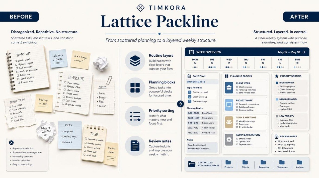 Comparison of Timkora Lattice Packline before and after implementation on a white background.